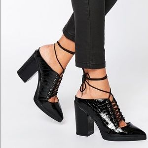 ASOS OVERHEARD Lace Up Mules - Black Croc